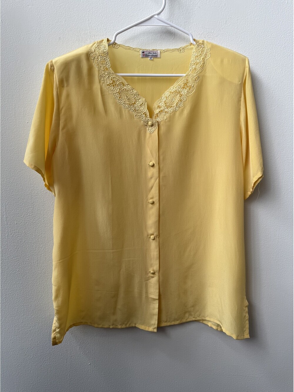 Vintage Pura Seta 100% Silk Hand-Embroidered Lace Blouse Yellow Medium